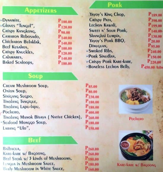 Menu at Yayoy's Grill & Resto Bar, Cebu City