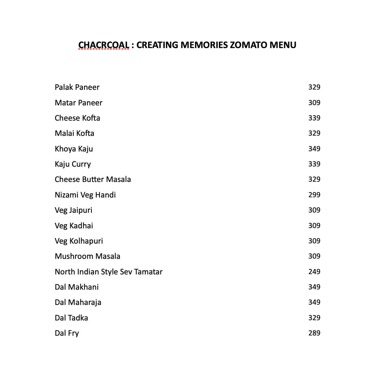 Menu of Charcoal Creating Memories, Vastrapur, Ahmedabad