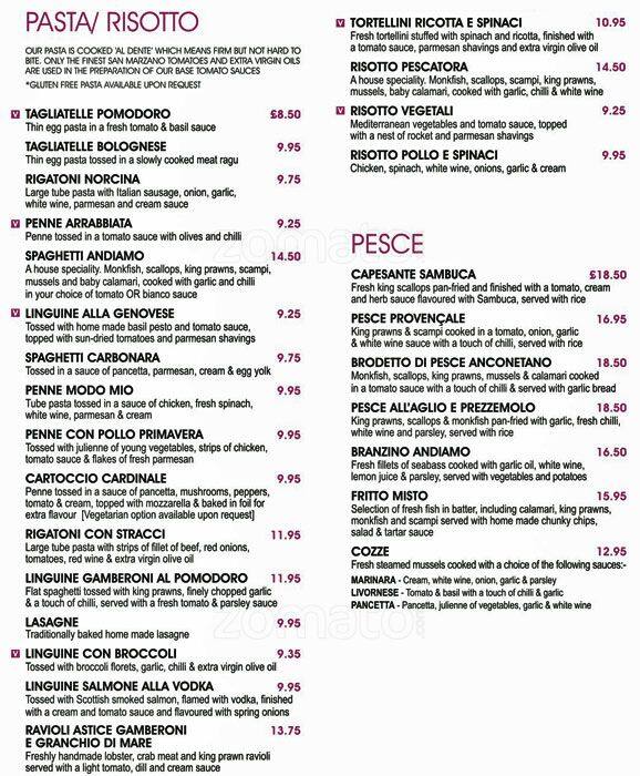 Menu at Andiamo restaurant, Glasgow, Post Office
