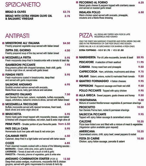 Menu at Andiamo restaurant, Glasgow, Post Office