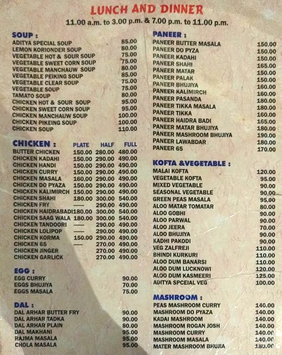 Menu at Aditya Restaurant, Lucknow, Subhash Marg