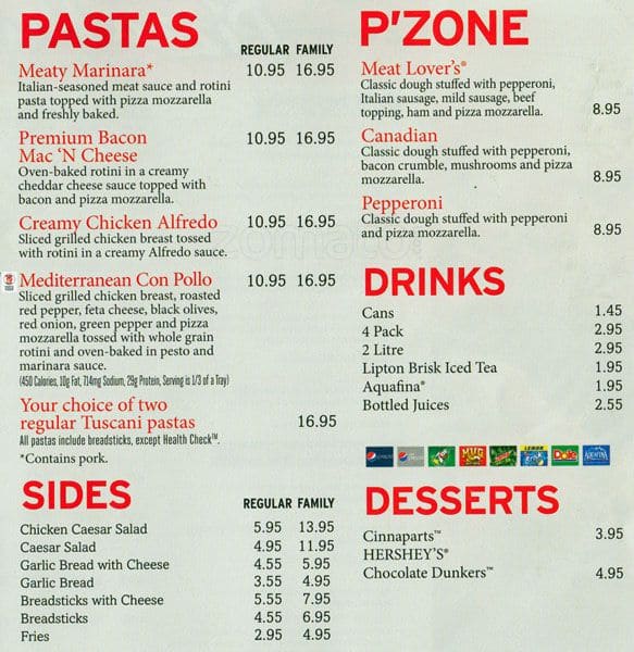 Menu at Pizza Hut pizzeria, New Westminster, 800 McBride Blvd 20