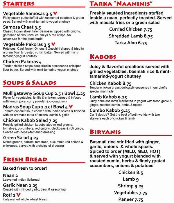 Tarka Indian Kitchen Menu Menu For Tarka Indian Kitchen Sunset