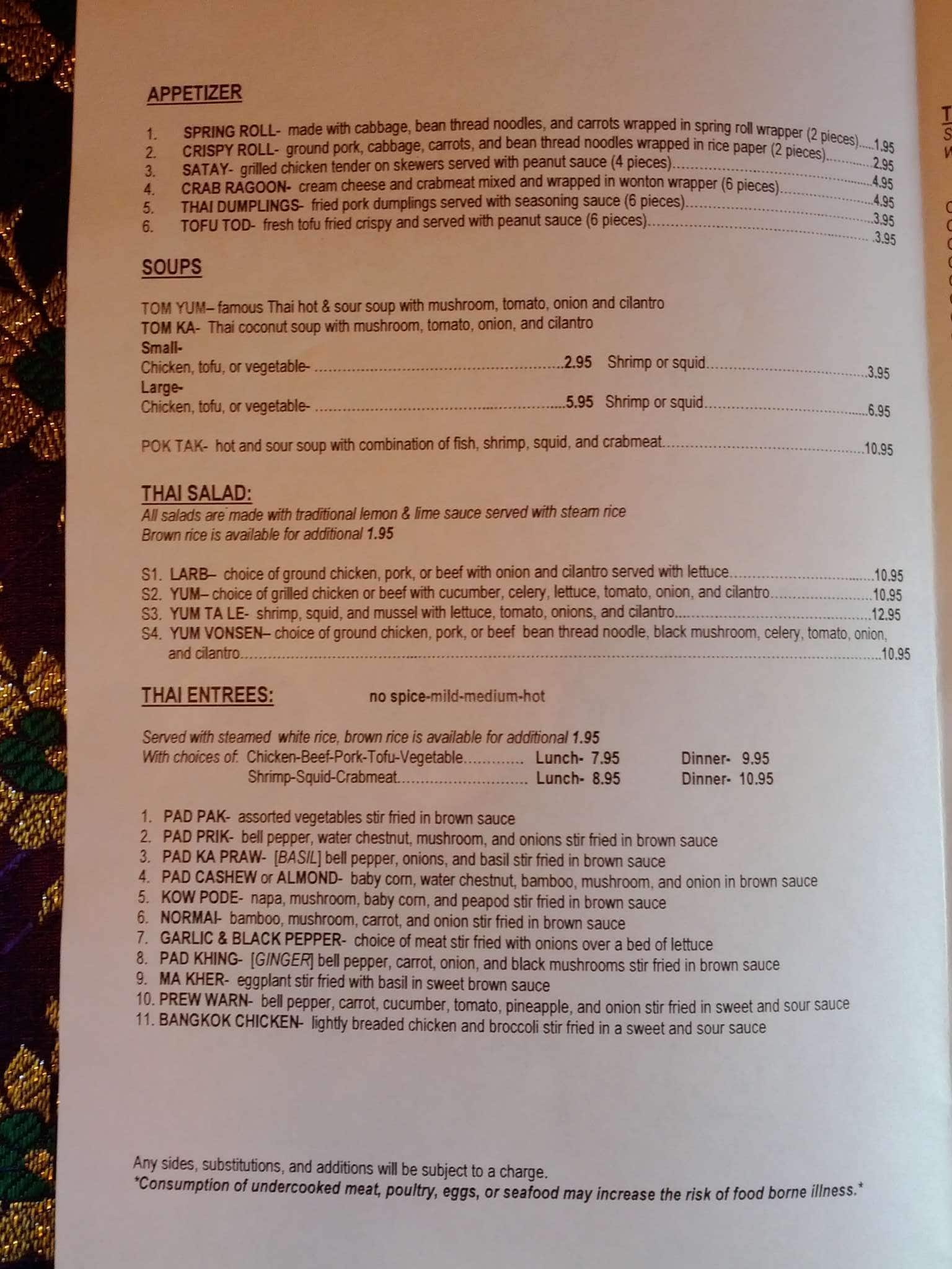 Menu at Coastal Thai restaurant, Wyandotte