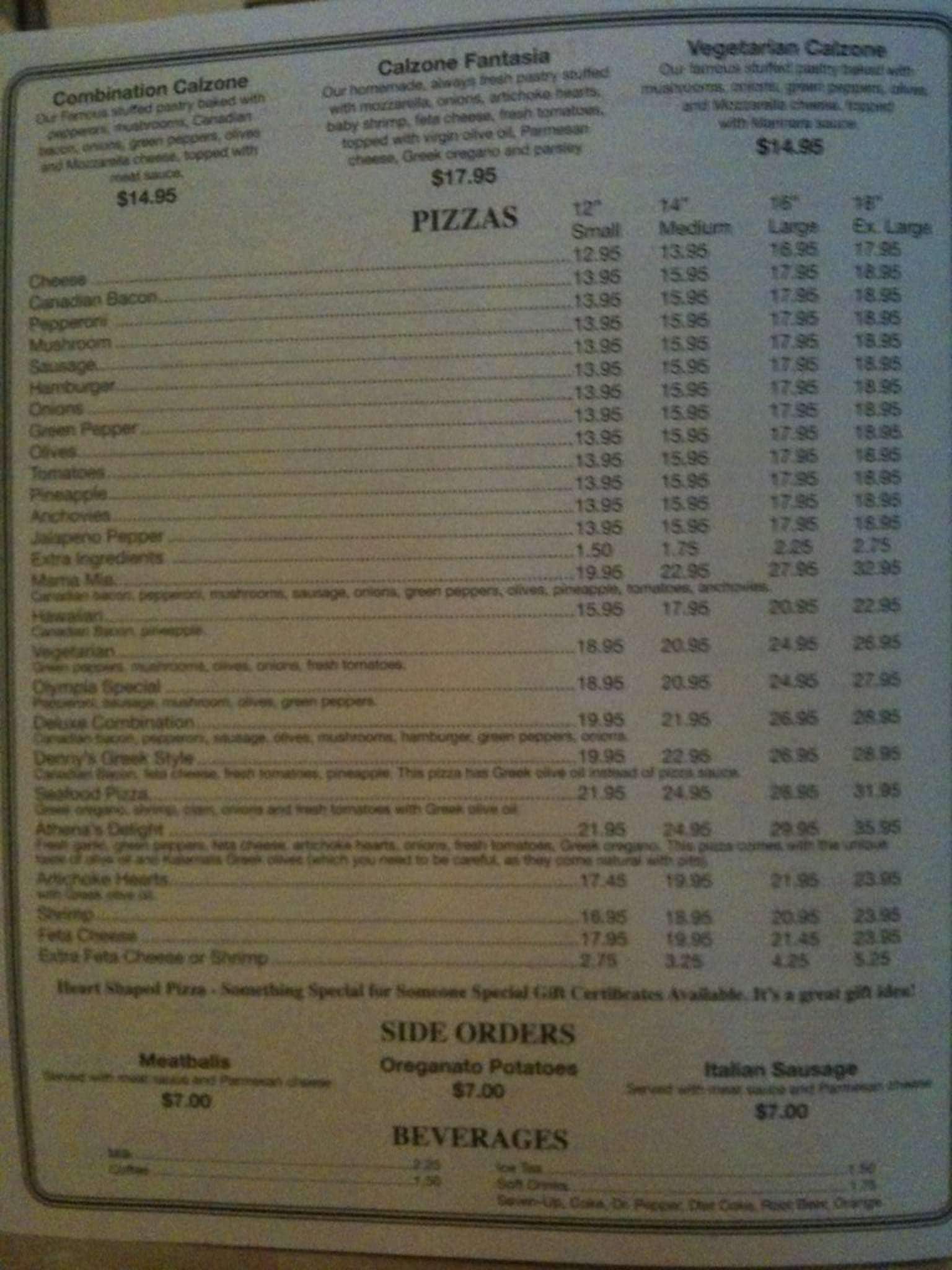 Menu at Pizza Olympia pizzeria, Anchorage, Spenard Rd