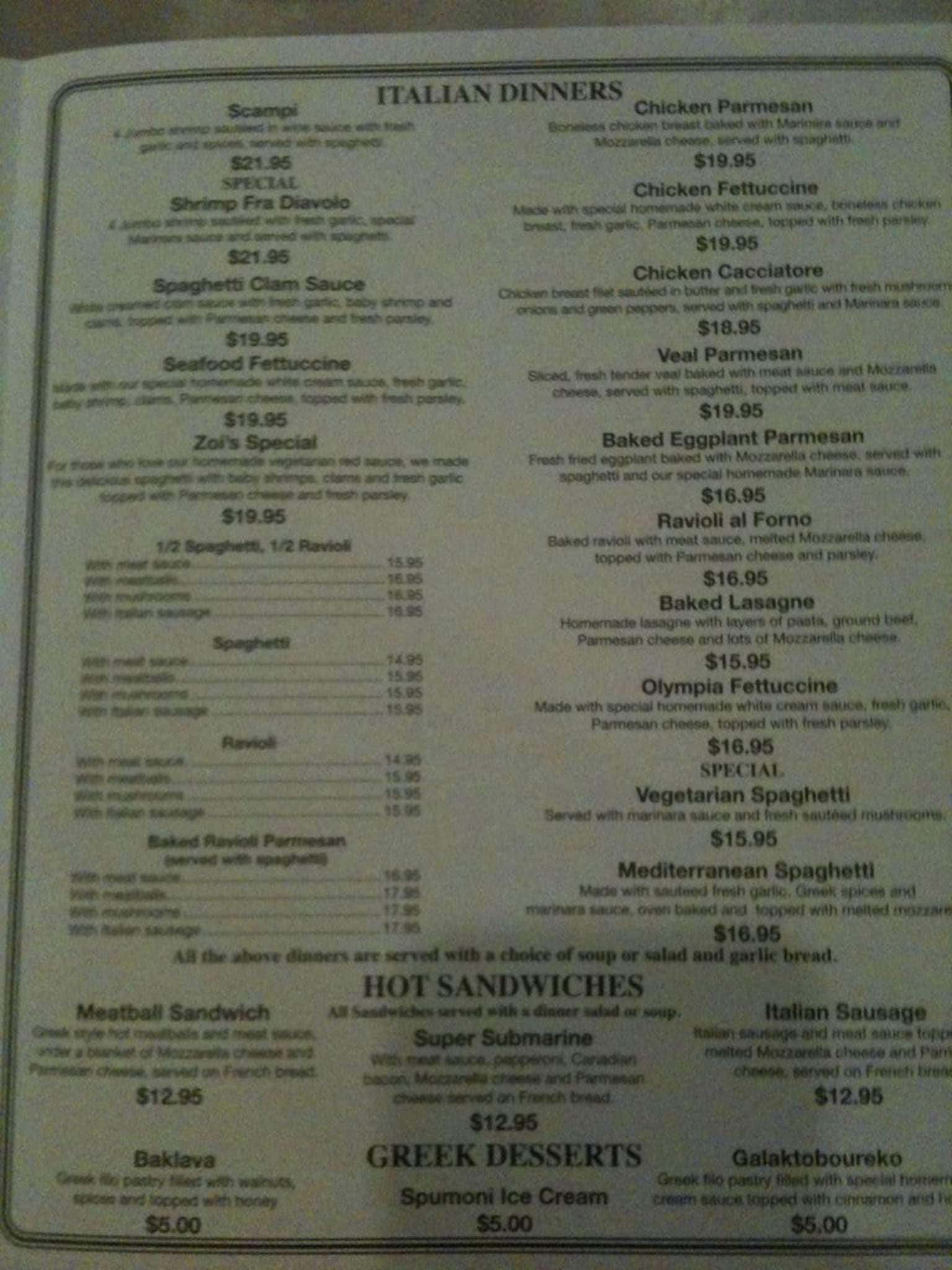 Menu at Pizza Olympia pizzeria, Anchorage, Spenard Rd