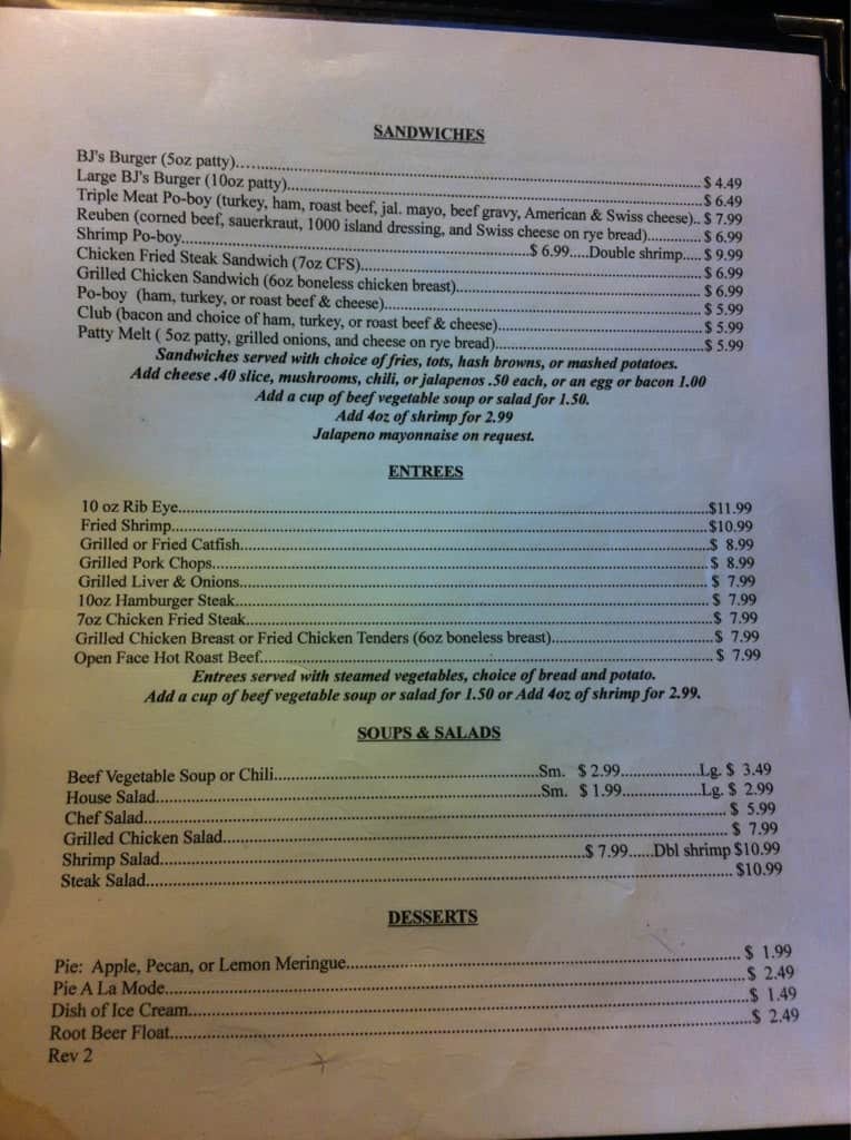 BJ's Family Diner Menu, Menu for BJ's Family Diner, Leesville