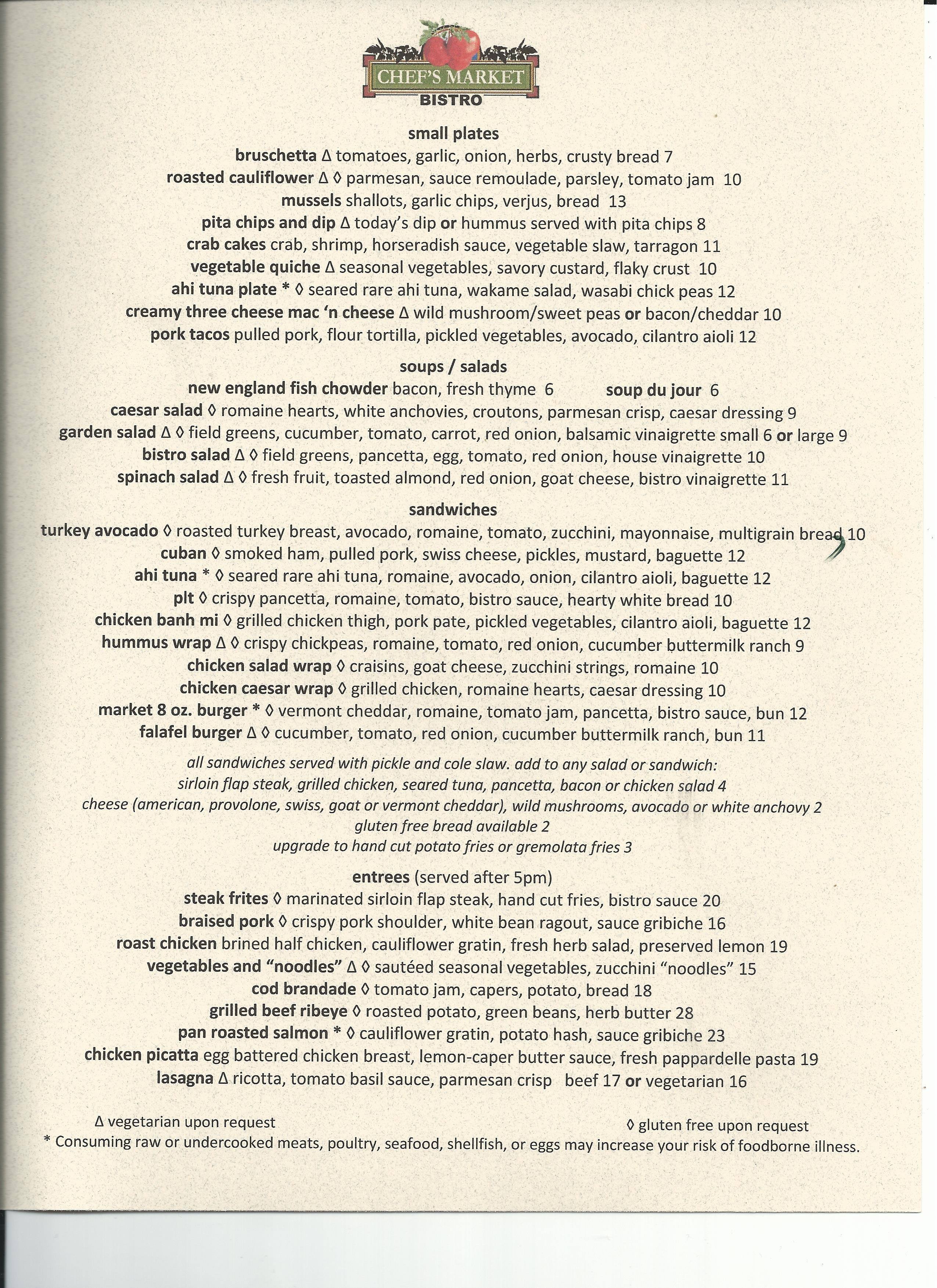 Chef's Market Bistro Menu Urbanspoon/Zomato