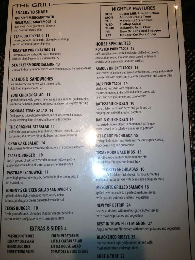 The Grill menu, Menu restauracji The Grill, San Angelo, San Angelo