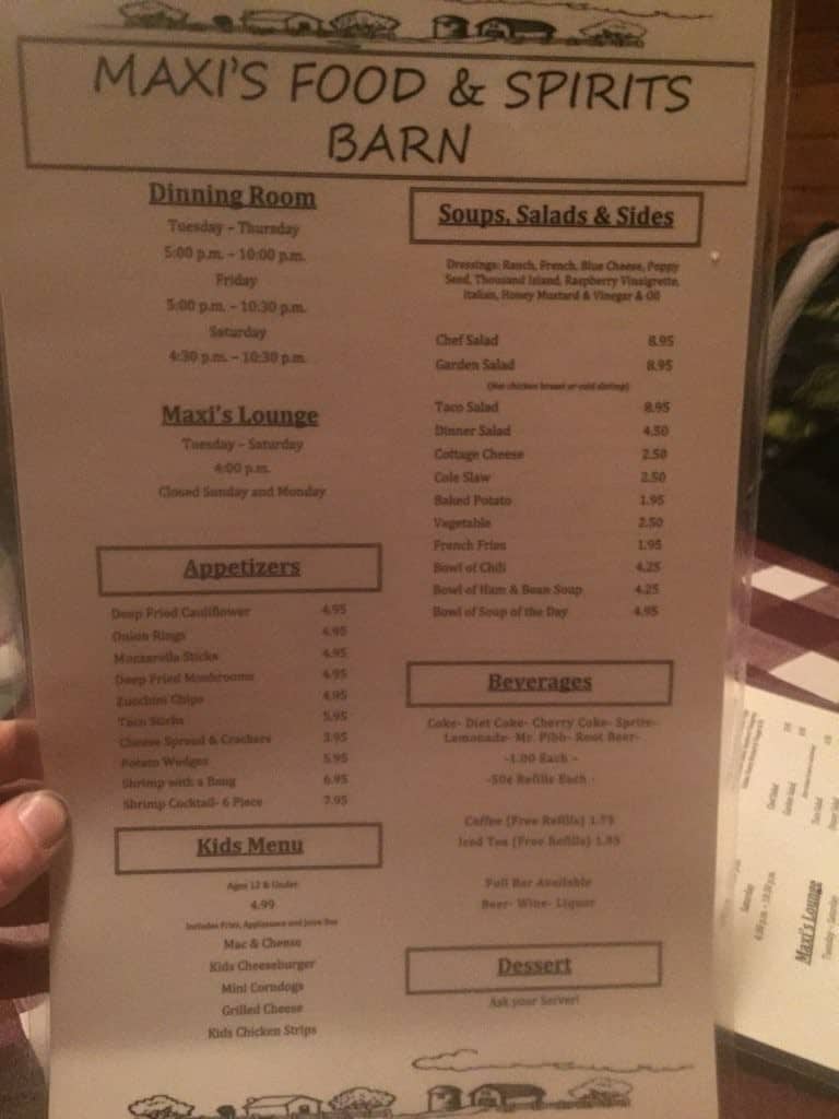 Menu at Maxi's Food & Spirit Barn, South Bend