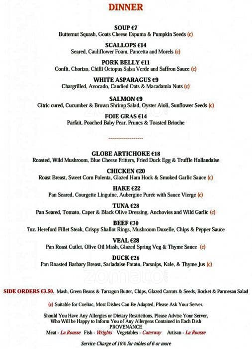 Menu at Marcel's, Dublin, 1 Saint Mary's Road