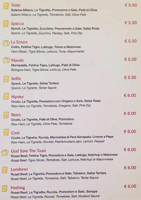 Menu di La Toasteria 