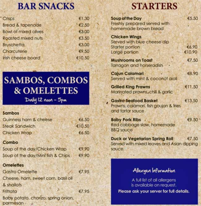 Menu at Bram Stoker Hotel Clontarf pub & bar, Dublin