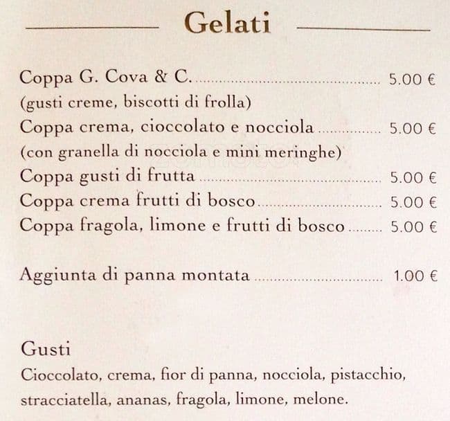 Menu di Pasticceria Giovanni Cova & C. Milano 