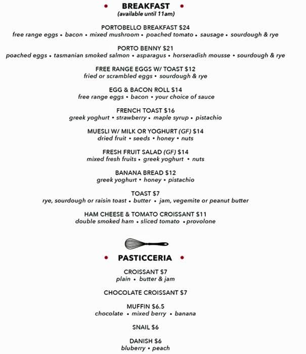 Portobello Caffe Menu, Menu for Portobello Caffe, Circular Quay, Sydney