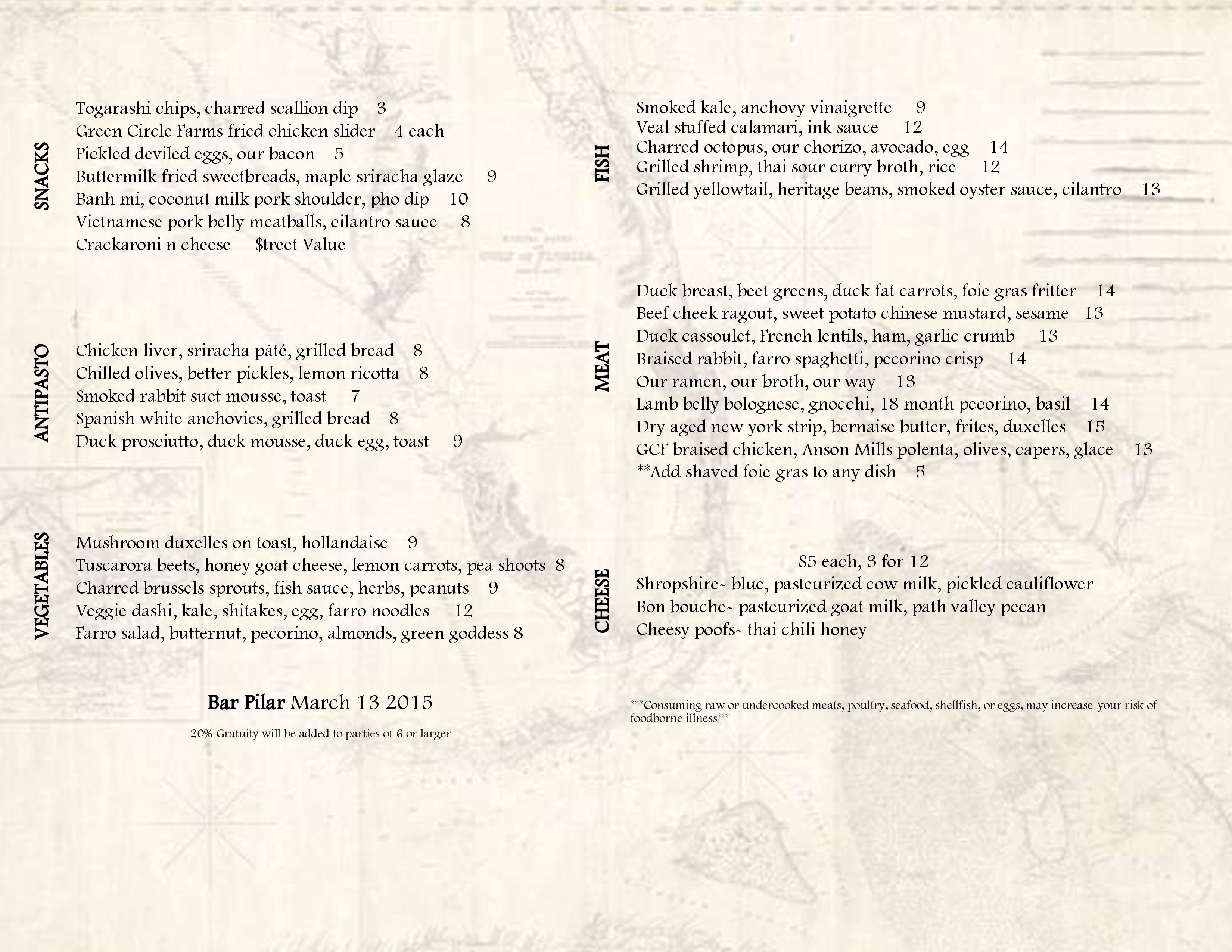 Bar Pilar Menu, Menu for Bar Pilar, U Street/Shaw, Washington DC