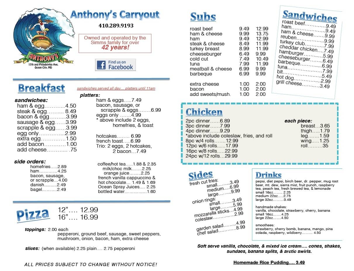 Anthony's Carryout Menu, Menu for Anthony's Carryout, Ocean City, Ocean