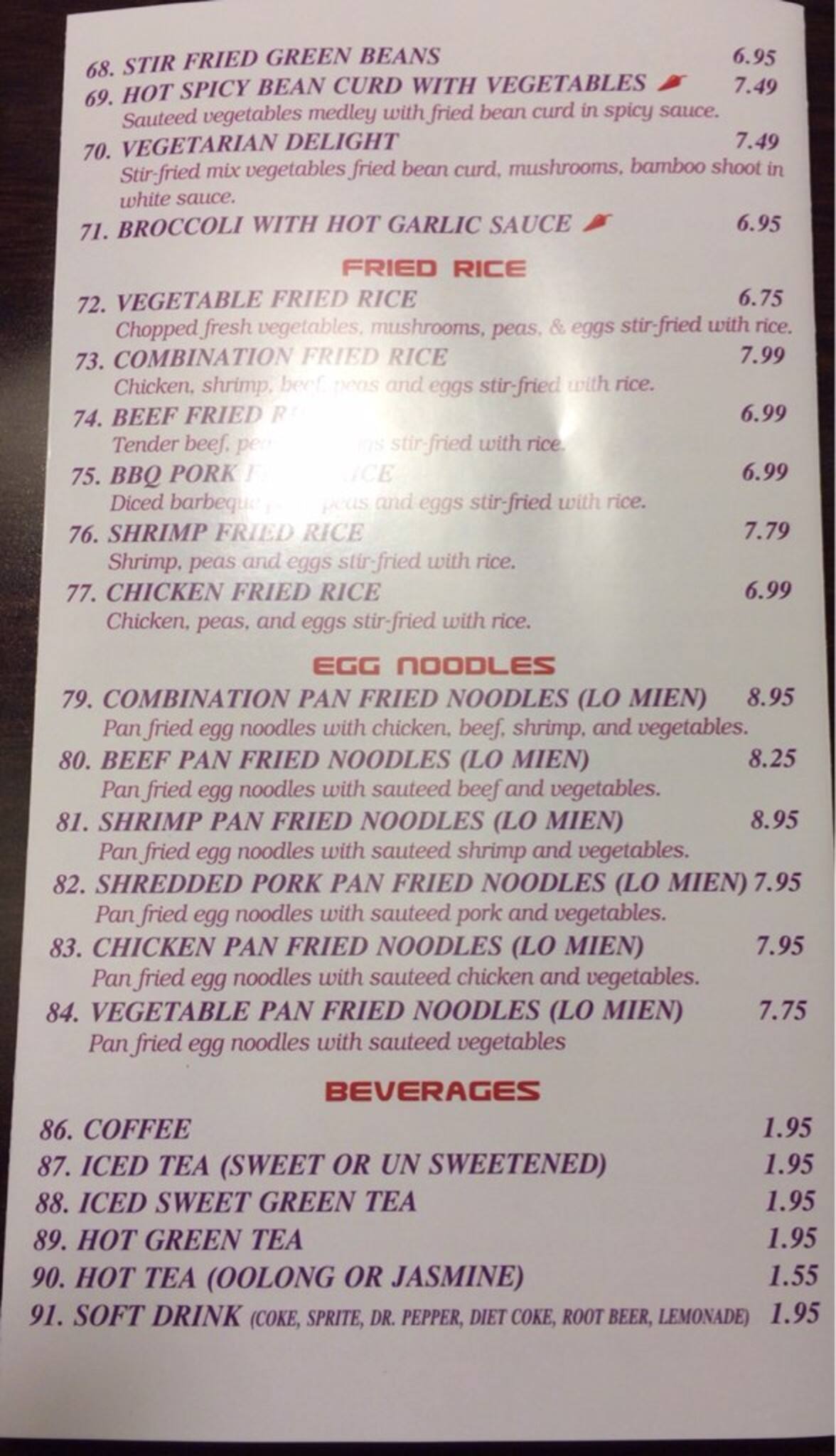 Menu at Mei Yuan restaurant,