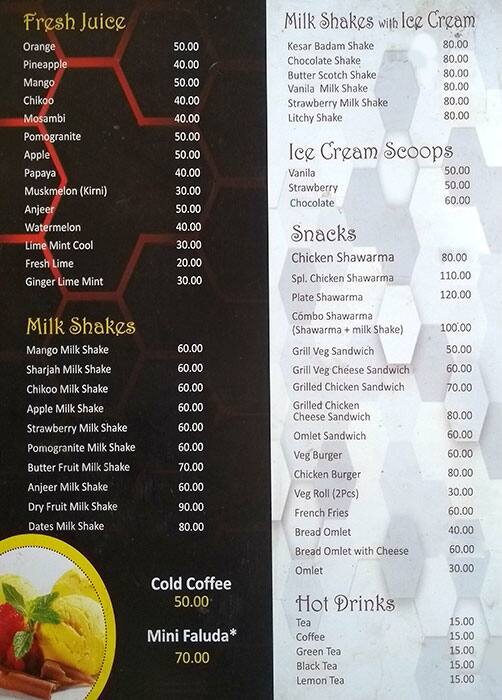 Menu at Shawarma bistro, Chennai