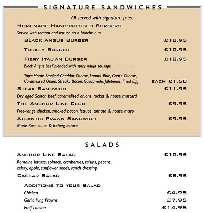 Menu at The Anchor Line steakhouse, Glasgow