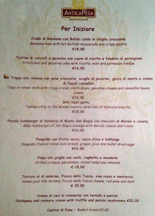 Antica Pesa A Roma Foto Del Menu Con Prezzi