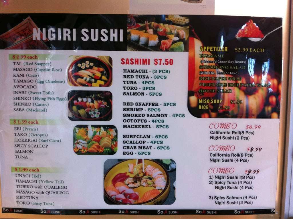 Menu at Soji Sushi restaurant, Calgary