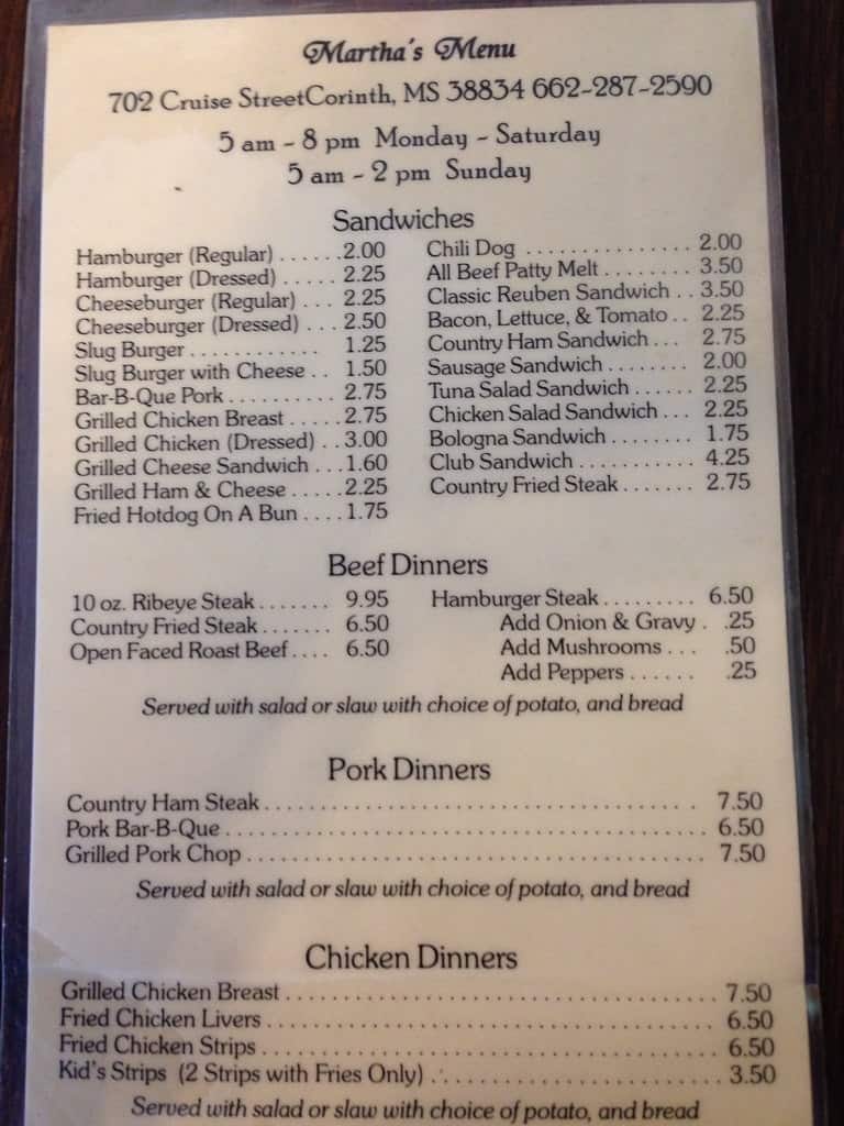 Martha's Menu Menu, Menu for Martha's Menu, Corinth, Corinth