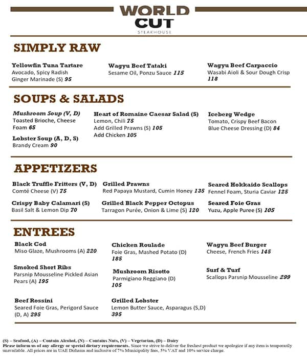 Menu of World Cut Steakhouse Habtoor Palace Dubai, Business Bay, Dubai