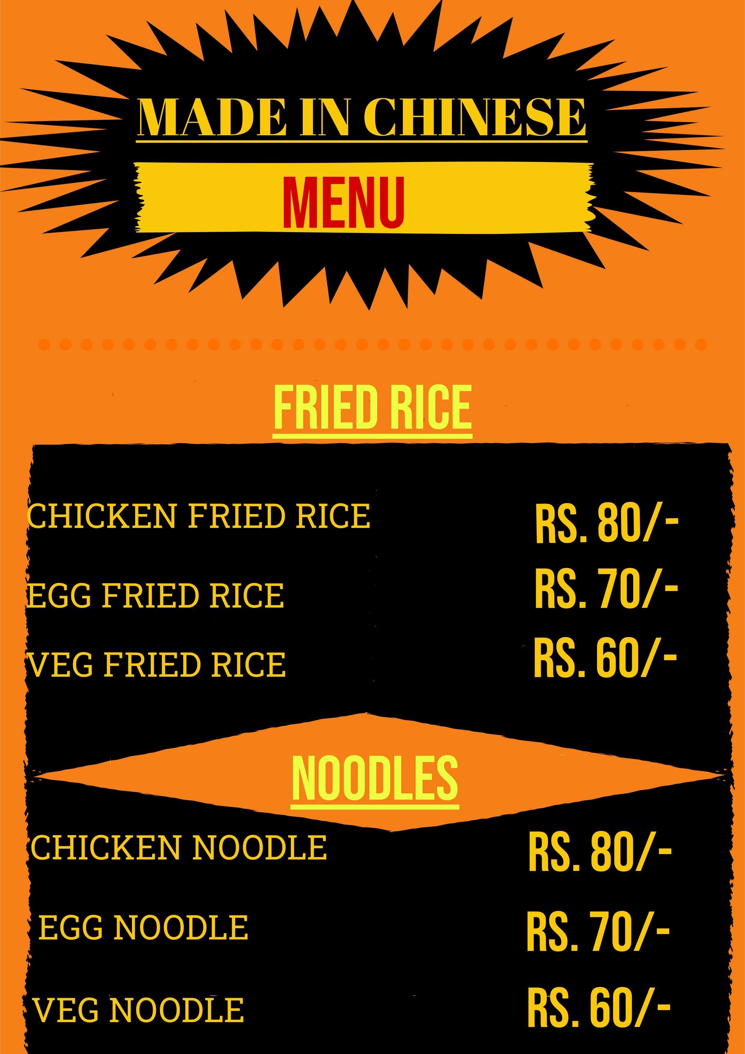 Menu of Made In Chinese, Thopumpady, Kochi