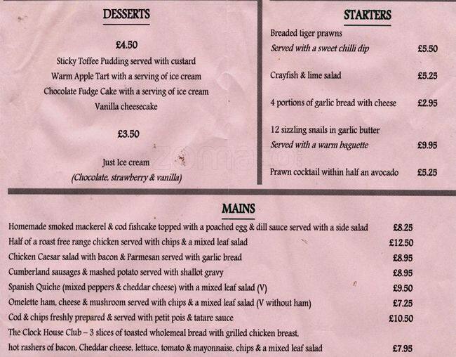 The Clock House Menu, Menu for The Clock House, Teddington, London