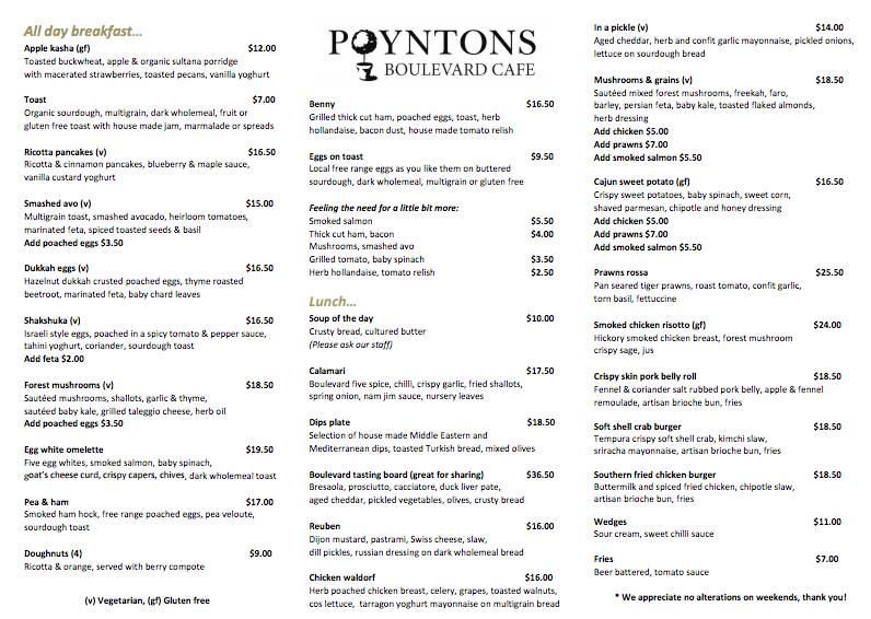 Poyntons Boulevard Cafe Menu, Menu for Poyntons Boulevard Cafe ...