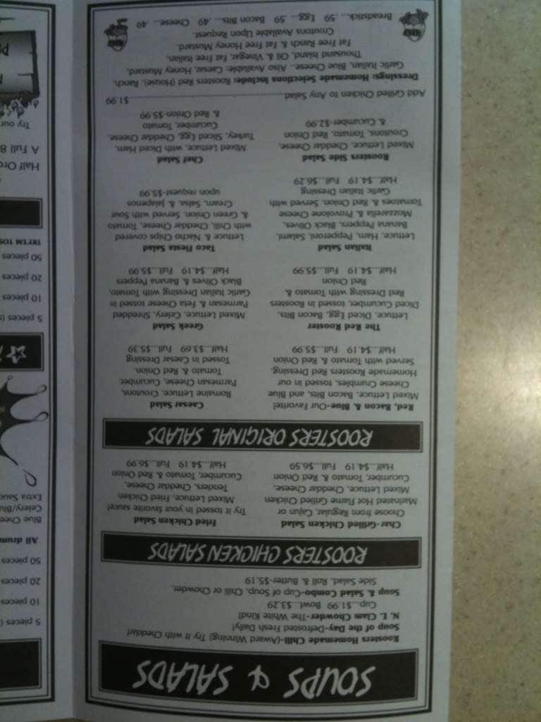 Menu at Rooster's restaurant, Newark