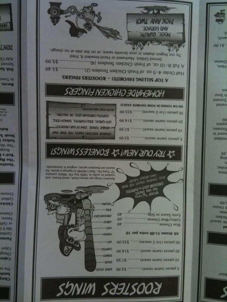 Menu at Rooster's restaurant, Newark