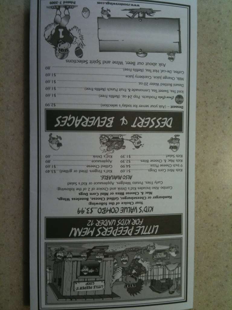 Menu at Rooster's restaurant, Newark