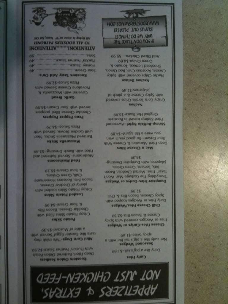 Menu at Rooster's restaurant, Newark