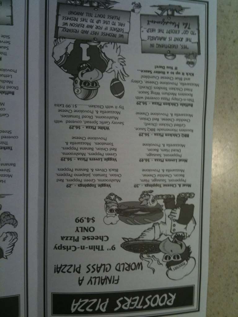 Menu at Rooster's restaurant, Newark