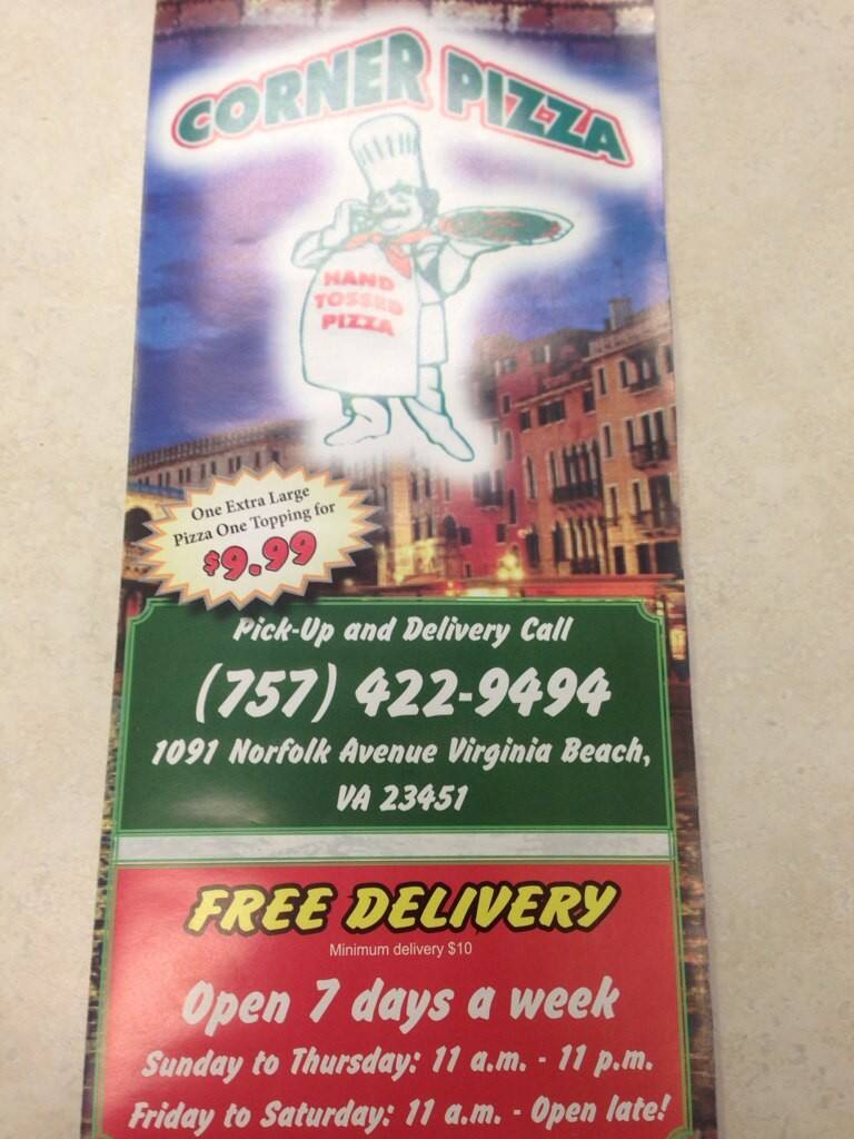 Corner Pizza Menu, Menu for Corner Pizza, Oceanfront, Hampton Roads
