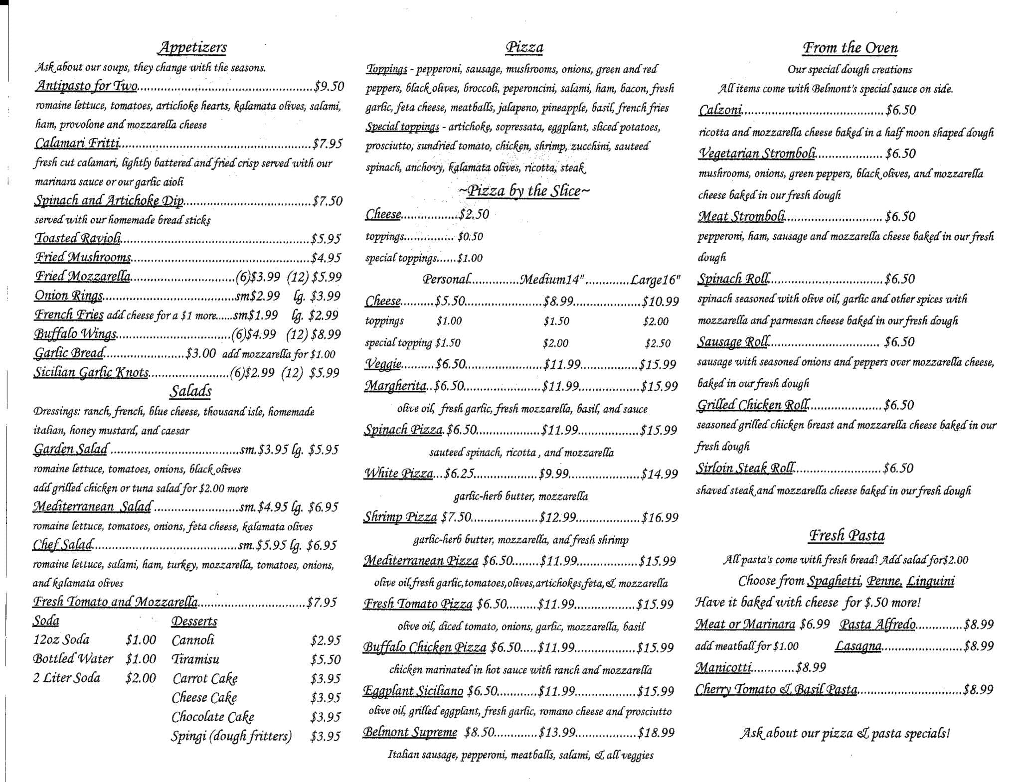 Menu at Belmont Pizzeria, Richmond, 602 N Belmont Ave