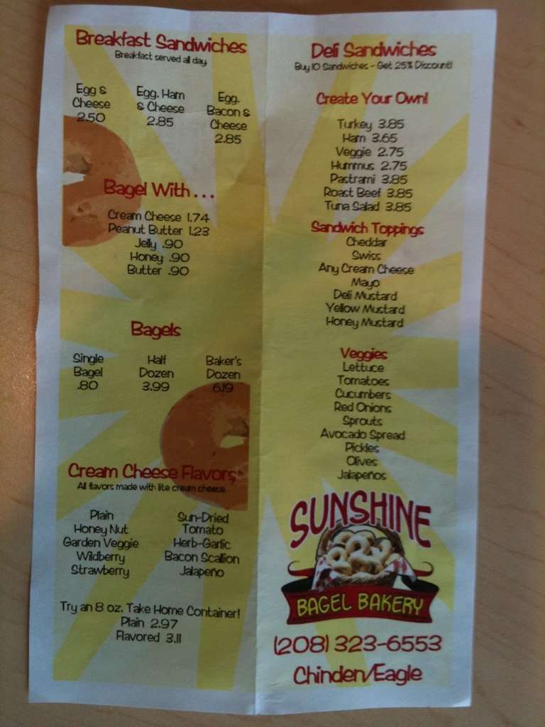 Sunshine Bagel Bakery Menu, Menu for Sunshine Bagel Bakery, Boise