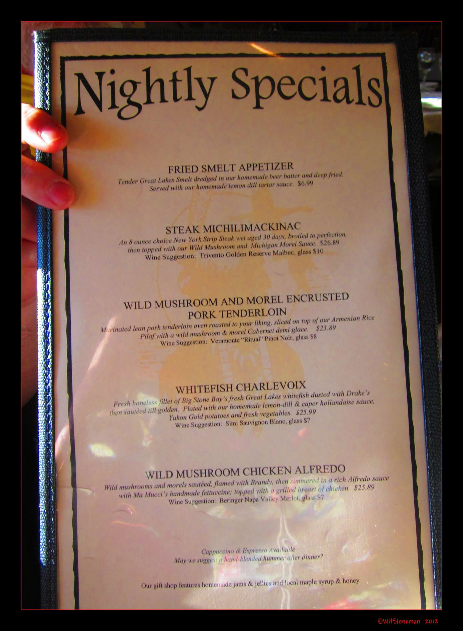 Menu at Chippewa Room restaurant, Mackinaw City