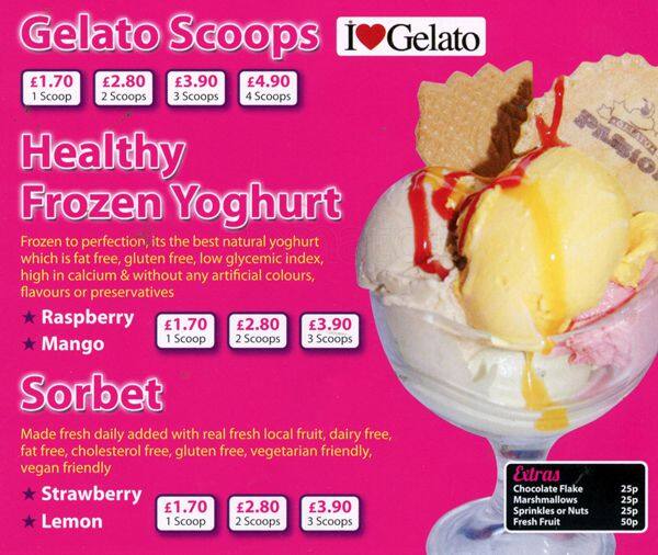 Gelato Passion Menu, Menu for Gelato Passion, Rusholme, Manchester