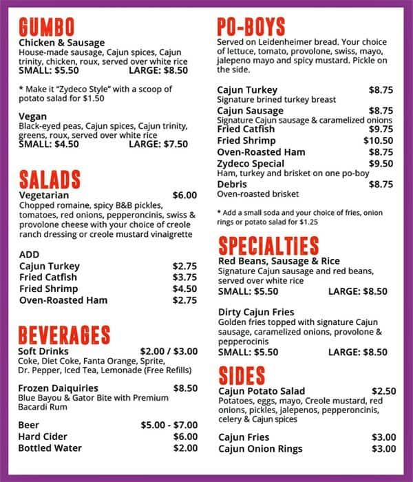 Menu at Zydeco Po-Boys restaurant, Las Vegas, 616 E Carson Ave Suite #140