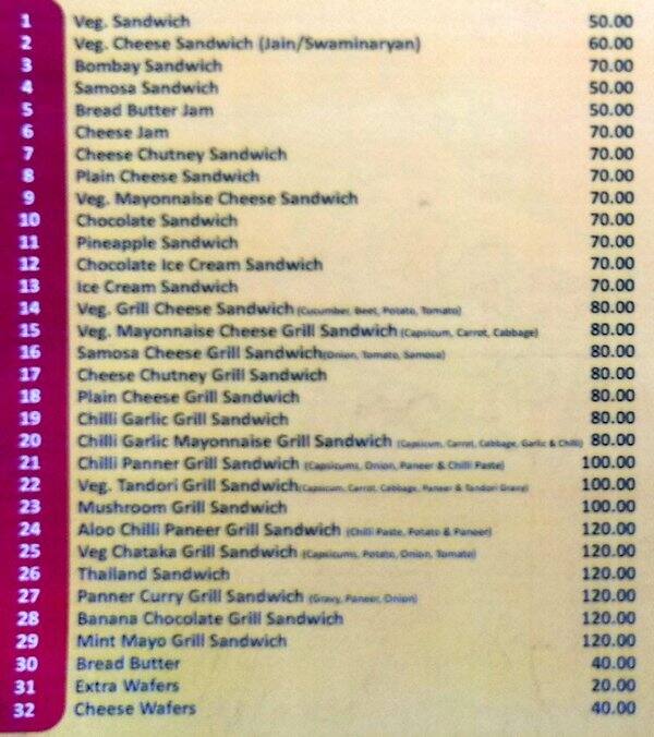 Baroda Sandwich Menu, Menu for Baroda Sandwich, Nizampura, Vadodara