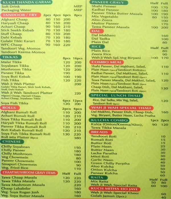 Wah Ji Wah Menu, Menu for Wah Ji Wah, Sushant Lok, Gurgaon - Zomato