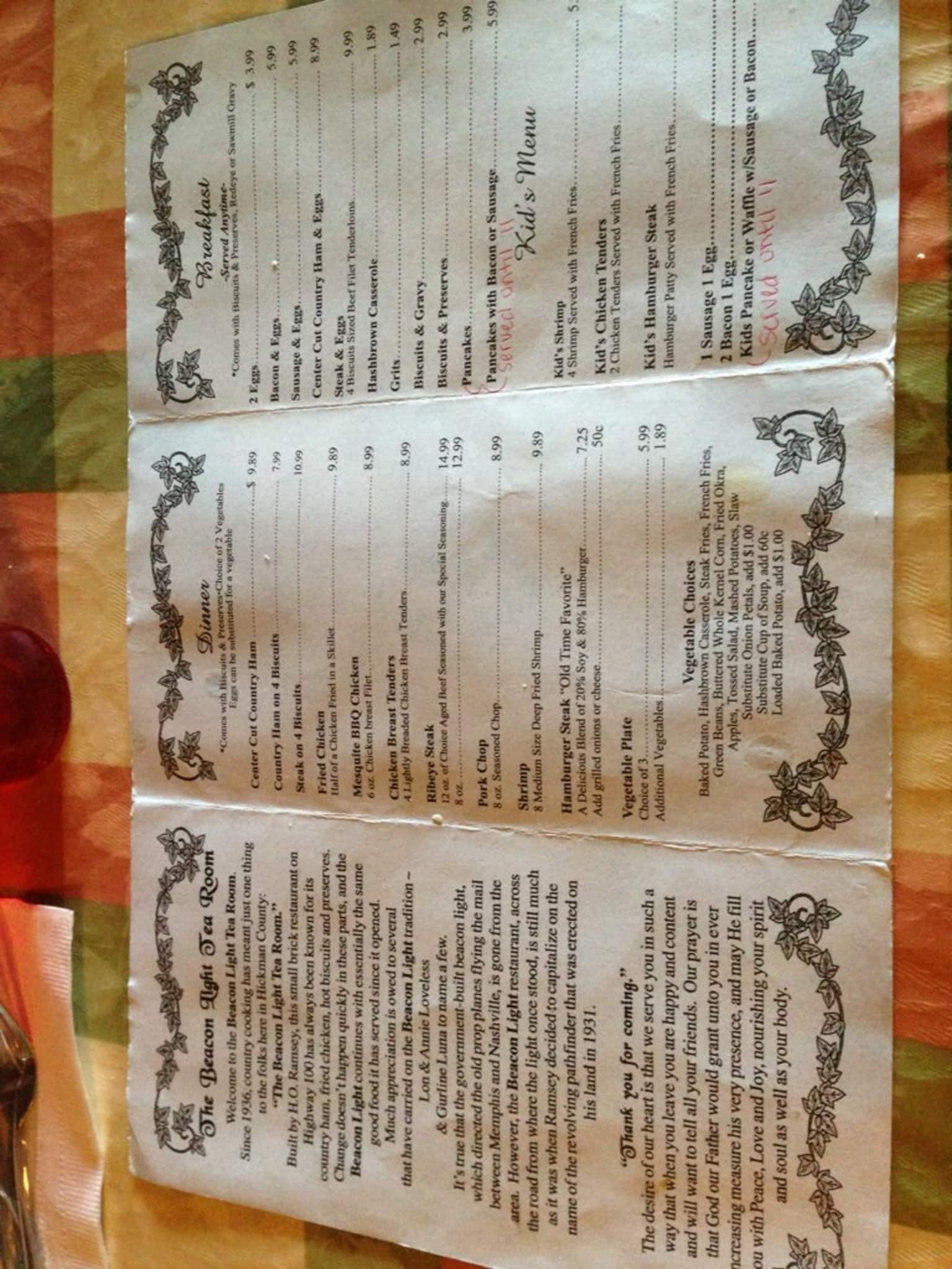 Beacon Light Tea Room Menu, Menu for Beacon Light Tea Room, Bon Aqua