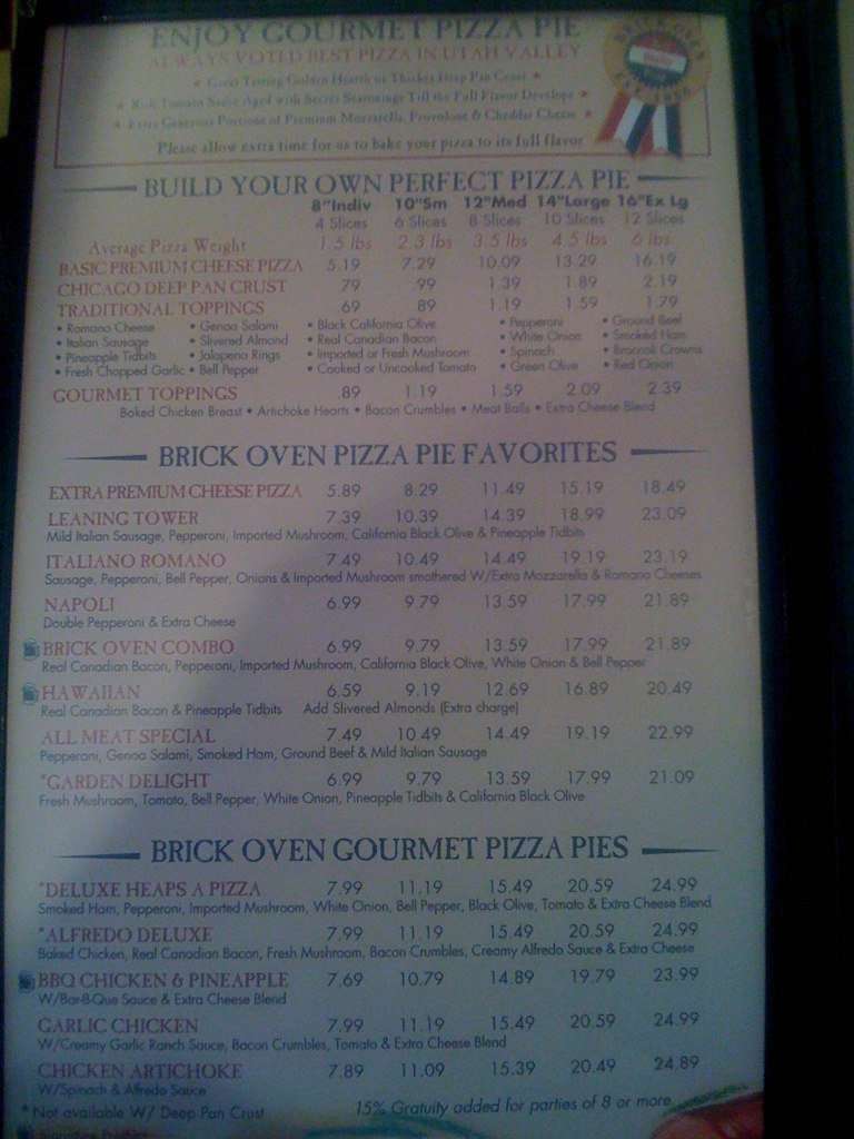Brick Oven Provo Menu, Menu for Brick Oven Provo, Provo, Salt Lake