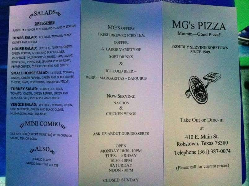 Menu at MG'S Pizza pizzeria, Robstown