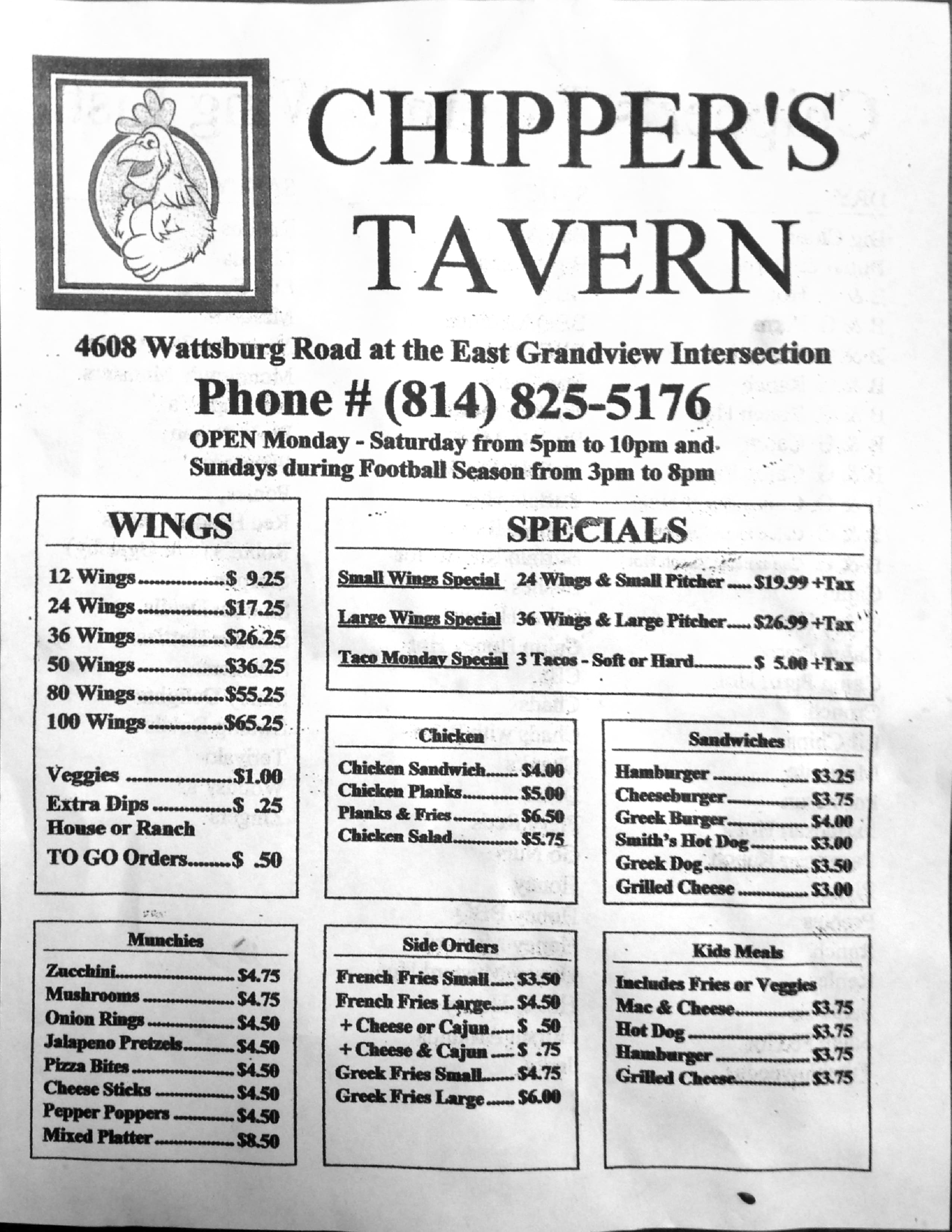 Online Menu Of Chippers Tavern Restaurant, Erie, Pennsylvania, 16504