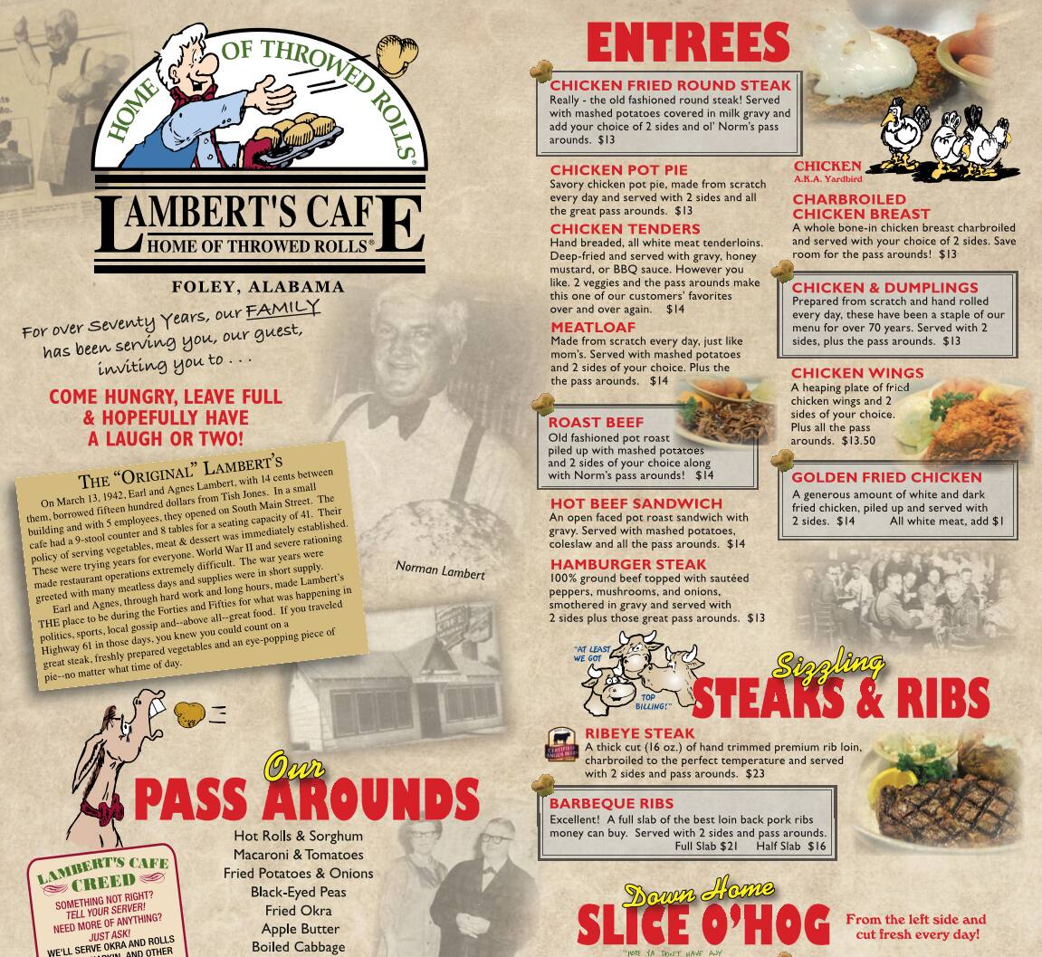 Menu at Lambert's Cafe, Foley
