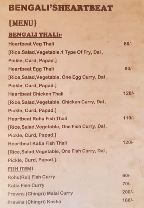 Menu Of Bengali Heartbeat Rajarajeshwari Nagar Bangalore